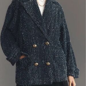 Maeve Navy Double Breasted Tweed Spring Coat with Gold Buttons